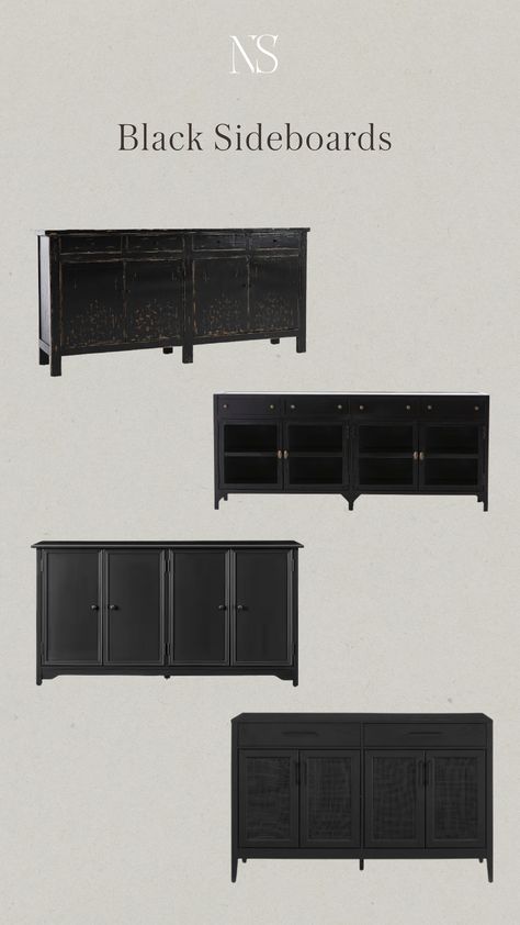 Black Dining Room Sideboard, Black Sideboard Dining Room, Black And Wood Sideboard, Black Dining Buffet, Black Buffet Sideboard Dining Room, Dining Room With Sideboard Buffet, Black Buffet Dining Room, Modern Sideboard Buffet In Dining Room, Black Sideboard In Dining Room