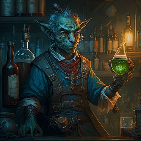 Hobgoblin Alchemist, Goblin Shopkeeper, Alchemist Character Art, Fantasy Shopkeeper, Kobold Alchemist, Dnd Goblin Character Design, Artificer Art, Goblin Merchant, Goblin Character Art