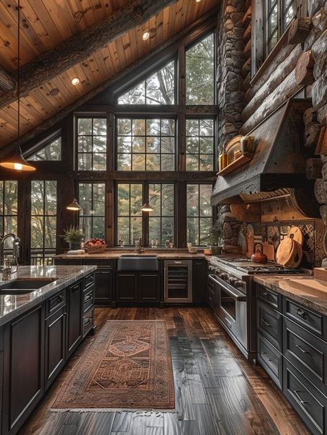 Moody Log Cabin Interior, Cozy Modern Cabin Interior, Woodsy Home Aesthetic, Log Cabin Homes Interior Kitchen, Mountain Cabin Kitchen, Cabin House Interior, Cabin Kitchens Rustic, Scandi Cabin, Modern Cabin Kitchen