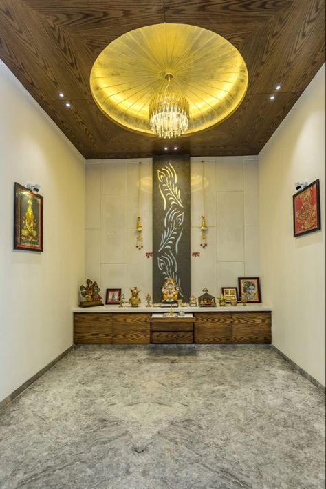 Dome, curve shape , wooden, veneer, gold leafing, chandelier, cnc cutwork Mandir Pop Ceiling Design, Modern Mandir Design, Modern Mandir, Pooja Door, Pooja Unit, Pooja Door Design, Textured Backdrop, Pop Ceiling, Mandir Design