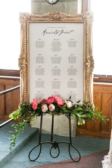 Gold framed seating chart coral pink flowers | Britannia Yacht Club | Union Eleven Photographers Wedding Reception Schedule, Wedding Table Assignments, Mirror Wedding Signs, Wedding Sign Decor, Table Assignments, Table Seating Chart, Wedding Reception Seating, Signing Table Wedding, Boda Mexicana