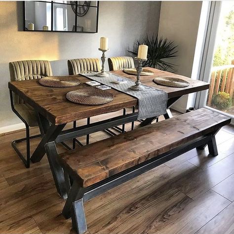 Casa Rock, Steel Dining Table, Industrial Dining Table, Industrial Coffee Table, Industrial Table, Dining Table With Bench, Oak Dining Table, Dining Table Design, Industrial Chic