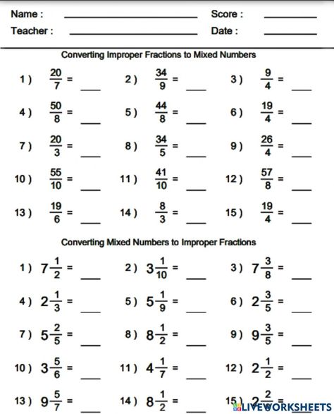 Converting Fractions To Mixed Numbers, Like Fractions Worksheet, Mixed Fraction To Improper Fraction, Adding Improper Fractions, Mixed Number To Improper Fraction, Improper Fractions Worksheet, Converting Mixed Numbers To Improper, Converting Improper Fractions To Mixed, Mixed Numbers Worksheet