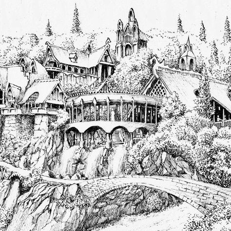 The Lord Of The Rings Sketch, Rivendell Illustration, The Hobbit Sketches, The Shire Drawing, Lotr Coloring Pages, Rivendell Drawing, Lord Of The Rings Architecture, Lord Of The Rings Coloring Pages, Rivendell Tattoo