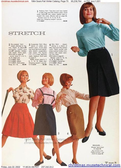 1964 Sears Fall Winter Catalog, Page 75 - Catalogs & Wishbooks 1964 Sears Catalog, 1964 Fashion, Walking Skirt, 60’s Fashion, Denim Suspenders, 1960 Fashion, Sears Catalog, 60s And 70s Fashion, Pleated Shirt