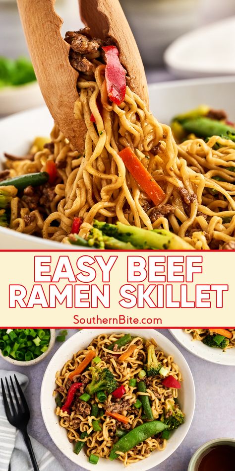 A delicious one-pot meal, this Easy Beef Ramen Skillet recipe comes together in less than 30 minutes, and you’ll love the rich flavors of ground beef, soy sauce, and delicious stir-fry veggies! Ground Beef Southern Recipes, Easy Beef Ramen, Ramen Skillet, Beef Ramen Noodle Recipes, Ground Beef Stir Fry, Soul Recipes, Beef Ramen, Electric Skillet Recipes, Vegan Ground Beef