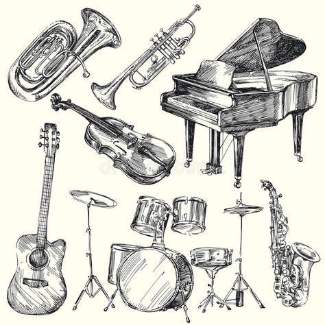 Musical Instruments Sketch, Drawing Of Musical Instruments, Musical Drawings, Musical Instruments Drawing, Jazz Instruments, Drawing Instruments, Instruments Art, Music Drawings, Sketchbook Inspiration