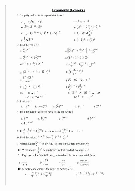 Exponents And Powers Worksheets, Exponents And Powers, 8th Grade Math Worksheets, Negative Exponents, Multiplication Facts Worksheets, Exponent Rules, Exponent Worksheets, Worksheet Preschool, Coordinate Graphing