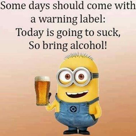 Some days should come with a warning label: Today is going to suck, so bring alcohol! - minions, meme, bad days, alcohol, jokes Minions Meme, Alcohol Jokes, Sucks Quote, Practice Quotes, Minion Meme, Alcohol Humor, Believe Quotes, Minion Quotes, Funny Minion Quotes