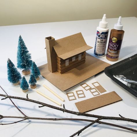 Christmas Houses Diy Craft Ideas, Christmas Village Set Up Ideas Diy, Diy Miniature Christmas Village, Diy Christmas Village Houses Cardboard, Christmas Village Craft, Mini Christmas Houses Diy, Putz Houses Templates Free Printable, Log Cabin Diy, Diy Christmas Houses Village