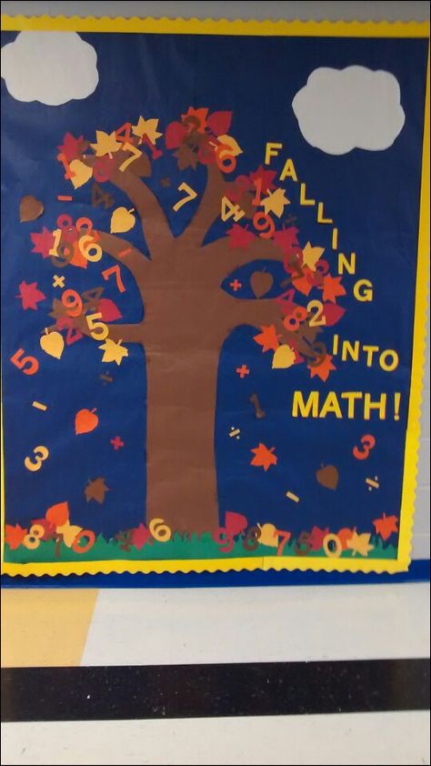 Fall Math bulletin board Fall Math Bulletin Board Ideas, Fall Math Bulletin Boards, Classroom Jungle Theme, Bulletin Board Diy, Door Bulletin Boards, Kindergarten Bulletin Boards, Fall Science, Diy Bulletin Board, Math Bulletin Boards