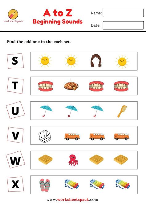 Find the odd one worksheets (beginning sounds) free printables for preschoolers. Find The Difference, Beginning Sounds Worksheets, Blends Worksheets, Alphabet Worksheets Kindergarten, Sound Free, Phonics Song, The Odd Ones Out, Beginning Sound, Free Worksheets