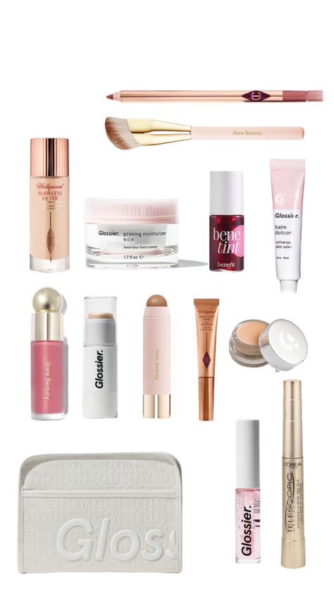 Good Quality Makeup Products, Makeup Usa, Makeup Essentials Aesthetic, It Girl Makeup Products, Mini Makeup Products, Glossier Makeup Bag, Makeup Wishlist, Mini Makeup Bag, Eye Makeup Images