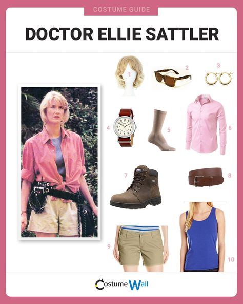 Dress up as Dr. Ellie Sattler from Jurassic Park and you’ll be ready to evade some not-so-friendly prehistoric monsters. Ellie Sattler Costume, Jurassic Park Costume, Moda Safari, Ellie Sattler, Family Themed Halloween Costumes, Dinosaur Halloween Costume, Dinosaur Halloween, Themed Halloween Costumes, Costume Guide