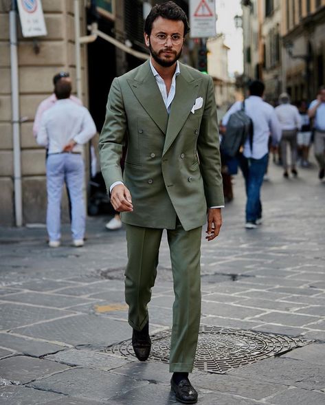 BOTTEGA DALMUT® on Instagram: “Throw back to #Florence with our dear friend @fabioattanasio rocking our Army Green Double Breasted suit during #pittiuomo . Ph:…” Suits For Friends Wedding Men, Army Green Suit Men, Olive Blazer Outfit Men, Green Double Breasted Suit Men, Olive Blazer Outfit, Green Double Breasted Suit, Tan Suits, Green Suit Men, Double Breasted Suit Men