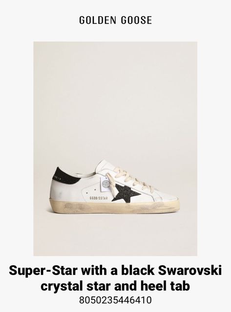 Check out this product I've found using the Golden Passport app: Super-Star with a black Swarovski crystal star and heel tab https://www.goldengoose.com/on/demandware.store/Sites-ggdb-na-Site/en_US/Product-Show?pid=8050235446410 Goose That Laid The Golden Egg, Golden Goose Purse Black, Golden Goose Black, Golden Goose Sneakers Stardan, Golden Goose Yeah Sneakers, Crystal Stars, Golden Goose, Swarovski Crystals, Stars