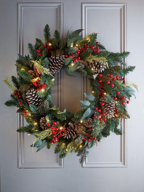 Very home  pre-lit red berry christmas wreath – 80 cm the understated beauty of this pre-lit christmas wreath Christmas Door Wreaths Traditional, Red Christmas Door Decoration, Christmas Wreaths Traditional, Christmas Decor Ideas Pine Cones, Xmas Door Wreaths, Red Berry Christmas Wreath, Christmas Pine Cone Wreath, Christmas Wreath Aesthetic, Christmas Decor Ideas Classic