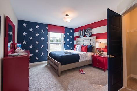 Patriotic Room Ideas, American Flag Boys Room, Patriotic Bedroom Ideas, American Flag Room, American Flag Bedroom, Red White And Blue Bedroom, Patriotic Room, Patriotic Bedroom, Fischer Homes