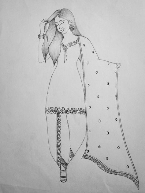 Fashion Croquis Straight Pose, Salwar Kameez Illustration, Kurti Drawing Sketches, Salwar Drawing, Panjabi Look, Gothic History, Panjabi Design, Suit Drawing, Pencil Sketch Portrait