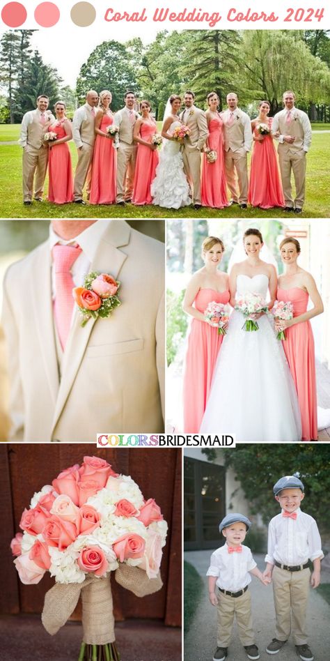 Salmon Wedding Colors, Khaki Groom, Coral Wedding Colors Scheme, Khaki Wedding, Watermelon Wedding, Coral Wedding Cakes, Bridesmaid Dresses White, Coral Wedding Colors, Yellow Wedding Colors