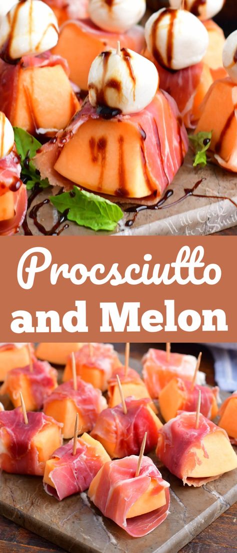 Prosciutto and Melon is a fun and easy classic Italian appetizer that's perfect for the summer. This is a no-bake recipe you're going to love! All you need is a fresh and juicy cantaloupe and thinly sliced prosciutto. To make it more interesting, add some fresh mozzarella balls and a sweet and tangy balsamic reduction. Melon Appetizer, Prociutto Appetizers, Melon Skewers, Proscuitto Appetizers, Prosciutto Appetizer, Prosciutto Melon, Melon Recipes, Italian Appetizer, Prosciutto Recipes