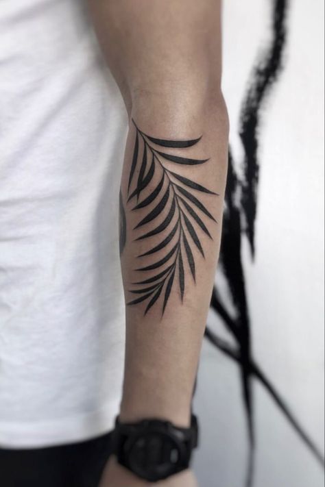 Leaves Tattoos Men, Mens Fern Tattoo, Palm Leaf Wrap Around Tattoo, Palm Leaf Tattoo Design, Bamboo Leaves Tattoo, Palm Frond Tattoos, Leaves Tattoo Men, Botanical Tattoo Men, Black Leaf Tattoo