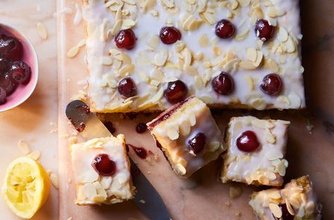 Cherry Bakewell Traybake Recipe | Waitrose & Partners Baking For Diabetics, Bakewell Traybake, School Coffee Shop, Cornflake Recipes, Waitrose Food, Slice Recipes, Cookie Icing Recipe, Bake Ideas, Store Cupboard