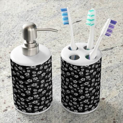 Floral Bath Set - Spruce up the bathroom. #giftsforher #giftsforhim #homedecor #homedecorideas #bathroom #shower #bathtub #dorm #dorms Cowgirl Room, Faux Hair, Toothbrush Holders, Black Bath, Cow Decor, Floral Bath, Cow Gifts, Bath Set, White Cow