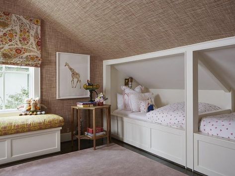 Built In Kids Beds Under Sloped Ceiling - Transitional - Girl's Room Bed Under Sloped Ceiling, Twins Beds, Sloped Ceiling Bedroom, Brown Ceiling, Attic Bed, Wallpaper Matching, Creative Kids Rooms, Small Kids Room, Built In Bed