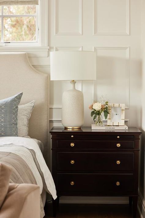 Ivory Lamp on Dark Brown French Nightstand - Transitional - Bedroom Brown Aesthetic Bedroom, Nightstand Decor Bedroom, Ivory Upholstered Bed, Nightstand Lamps Bedroom, Berlin Bedroom, Nightstand With Lamp, French Nightstand, Modern Transitional Home, Classic Bedside Tables