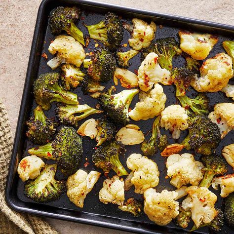 Roasted Broccoli & Cauliflower Roast Frozen Broccoli, Garlic Vinaigrette, Cauliflower And Broccoli, Roasted Broccoli Recipe, Garlic Broccoli, Broccoli And Cauliflower, Broccoli Cauliflower, Frozen Veggies, Healthy Veggies