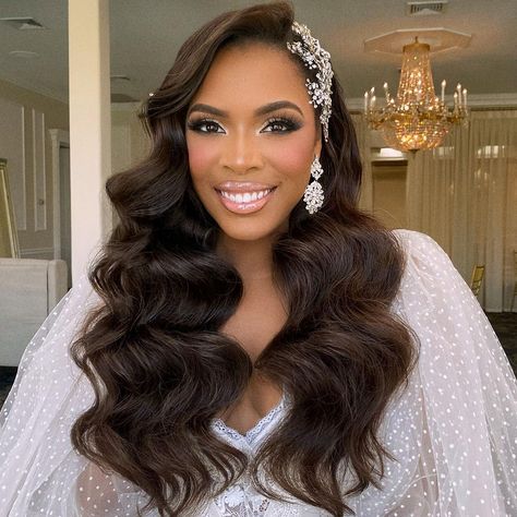 Black Bride Middle Part Hairstyles, Black Brides Hairstyles With Veil, Black Bride Hollywood Waves, Old Hollywood Glam Wedding Hair With Veil, Hollywood Glam Wedding Hair, Black Brides Hairstyles With Crown, Glam Wedding Hair, Goddess Makeup, Hollywood Curls