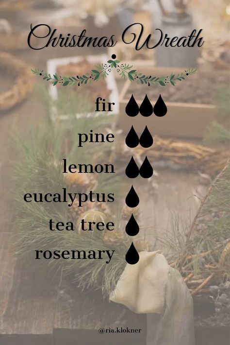 Christmas Wreat Diffuser blend. 3 drops fir, 2 drops pine, 2 drops lemon, 1 drop eucalyptus, 1 drop tea tree, 1 drop rosemary Essential Oil Recipes Christmas Diffuser Blends, Essential Oils Christmas Blends, Diffuser Blends With Rosemary, Fir Essential Oil Diffuser Blends, Tea Tree Essential Oil Blends, Christmas Tree Diffuser Blend, Pine Diffuser Blend, Balsam Fir Essential Oil Blends, Fir Needle Diffuser Blend