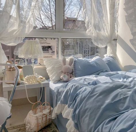 Greyish Blue Bedroom, Coquette Bedroom Blue, Blue Cottage Core Bedroom, Blue Room Inspo Aesthetic, Blue Coquette Bedroom, Pastel Blue Room Aesthetic, Cute Blue Bedroom, Blue Room Ideas Aesthetic, Pastel Blue Room