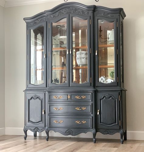 Black Refinished China Cabinet, Restored China Cabinet, Navy Blue China Cabinet, Redone China Cabinet, Moody French Provincial, Antique China Cabinet Display, Vintage China Cabinet Makeover, China Cabinet Black, Painted China Cabinet Ideas