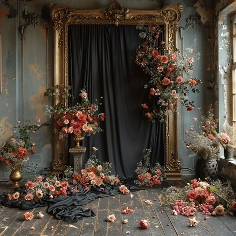 "Where time pauses, and beauty unfurls in every corner—welcome to the eternal bloom of an abandoned ballroom. 🥀🖤 #vintagecharm #abandonedbeauty #floralarrangement #roses #forgottenplaces #beautyindecay #floralart #elegantdecay #decayingbeauty #abandonedspaces #flowerstyling #lostplacesphotography #rosesareforever #antiqueaesthetic #floweroverload #nostalgicmoments #timelessbeauty #oldworldcharm #romanticdecay #floraldecor #moodyflorals #forgottenelegance #petalpoetry #rusticbeauty #decadentde... Royal Romantic Aesthetic, Victorian Set Design, Diy Flower Ceiling, Vintage Backdrop Ideas, Ballroom Decorations, Abandoned Ballroom, Vintage Wedding Backdrop, Baroque Wedding, Photoshoot Backdrops