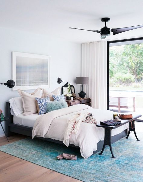 Serene bedroom with an IKEA bed frame, a large silk area rug and black sconces Ikea Malm Bed, Malm Bed, Earthy Bedroom, Ikea Bedroom, Ikea Bed, Casa Vintage, Best Ikea, Hamptons Style, Dreamy Bedrooms