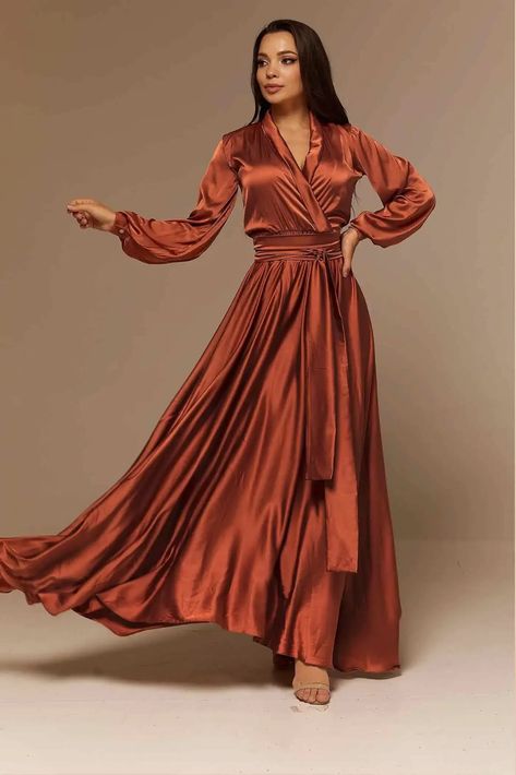 silk wrap-style rust terracotta bridesmaid dresses Copper Bridesmaids Dresses, Copper Dresses, Terracotta Bridesmaid Dresses, Cinnamon Dress, Terracotta Dress, Luxury Wrap, Terracotta Bridesmaid, Remodel House, Copper Dress