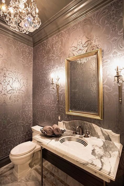 Modern Powder Room Design, Elegant Powder Room, Bungalow Plan, Luxury Powder Room, Powder Room Design Ideas, Modern Powder Rooms, Modern Powder Room, Powder Room Wallpaper, Powder Room Decor