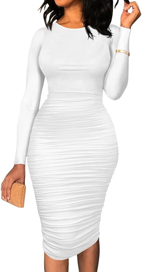 Paid Link Long Sleeve Elegant Dresses, Casual Midi Dress, Midi Dress White, White Clothing, Elegant Midi Dresses, Women Bodycon Dress, Club Night, Spring Fits, Ruched Bodycon Dress