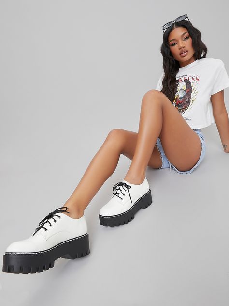 Faux Leather Lace-Up Lug Platform Oxford Shoes Platform Oxford Shoes Outfit, Oxford Platform Shoes Outfit, White Oxford Shoes Outfit, Platform Shoes Outfit, White Oxford Shoes, Oxfords Women, Platform Oxford Shoes, Mary Jane Shoes Outfit, Oxfords Outfit