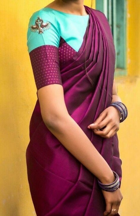 Saree With Same Colour Blouse, Two Colours Blouse Designs, Same Colour Saree And Blouse Designs, Colour Blouse Designs Latest, New Trending Blouse Designs, Boatneck Blouse Designs Latest, Cars Interior, Cotton Blouse Design, New Saree Blouse Designs