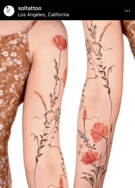 Floral Henna Tattoo Designs, Poppy Flower Arm Tattoo, Bed Of Flowers Tattoo, Wild Flower Leg Tattoos Women, Vine And Flower Tattoo Sleeve, Whimsical Floral Tattoo, Wild Flower Tattoo Sleeve, Wildflower Leg Tattoo, Star Tattoo On Shoulder