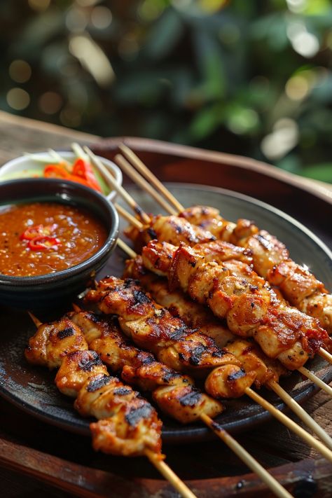 Grilled chicken skewers with a side of dipping sauce. Chicken Satay Rice Bowl, Peanut Satay Chicken, Satay Chicken Recipe, Easy Chicken Satay, Chicken Satay With Peanut Sauce, Continental Cuisine, Cheesy Broccoli Rice Casserole, Pork Satay, Chicken Satay Recipe