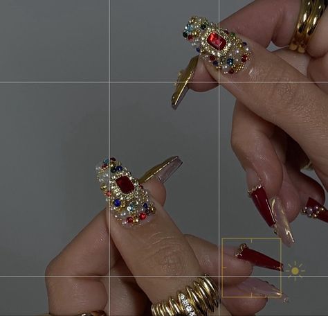 Burgundy Rhinestone Nails, Red Nails With Gold Gems, Gold Gems On Nails, Colorful Gem Nails, Acrylic Nails With Jewels, Nail Designs With Charms, Beaded Nails, Baroque Nails, Bejeweled Nails