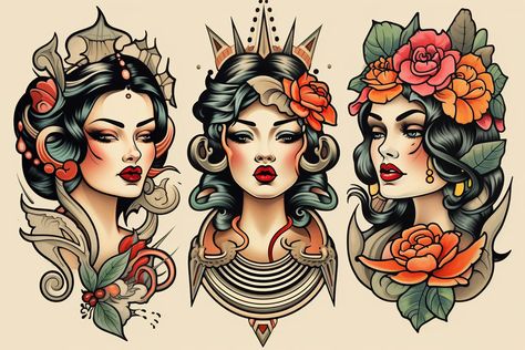 I will create awesome old school tattoo style design Mid Century Tattoo Ideas, Old School Woman Tattoo, Pinup Tattoos For Women, American Traditional Lady Head, Woman Tattoo Design, King Queen Tattoo, Old School Tattoo Style, Convention Tattoo, Traditional Tattoo Drawings