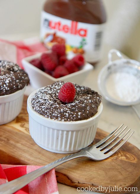 chocolate Nutella cake for 2 in a ramekin with powdered sugar and fresh raspberries. Chocolate Cake For Two Recipe, Chocolate Cake For Two, Chocolate Nutella Cake, Cake For Two Recipe, Ramekin Recipe, Cake For Two, Mini Nutella, Lemon And Coconut Cake, Nutella Cake