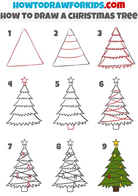 Simple Christmas Tree Drawing, Draw A Christmas Tree, Christmas Tree Simple, Crismas Tree, Christmas Tree Sketch, Holiday Drawing, Christmas Tree Making, Draw Christmas, Xmas Drawing