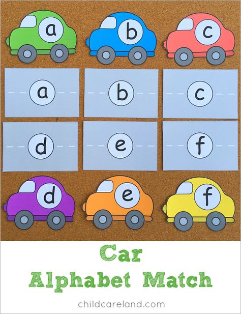 Car alphabet match for letter recognition and review. Car Alphabet, Transportation Theme Preschool, Roll And Cover, Transportation Activities, Theme Preschool, Circle Time Activities, Transportation Preschool, Car Theme, Early Learning Activities