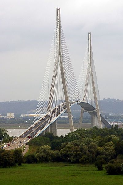 The Pont de Normandie is a cable-stayed road bridge that spans the river Seine linking Le Havre to Honfleur in Normandy, northern France Amazing Bridges, Bridges Architecture, Bridge Project, Love Bridge, River Seine, Building Bridges, Famous Bridges, Normandie France, Bridge Over Troubled Water